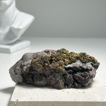 Load image into Gallery viewer, Golden Pyrite Cluster on Quartz and Calcite Matrix – Natural Crystal Specimen for Home Decor and Mineral Collection