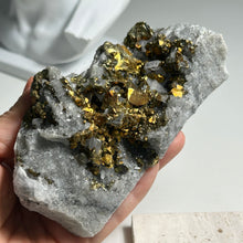 Load image into Gallery viewer, Golden Pyrite on Quartz Matrix — Natural Crystal Cluster for Home Decor and Mineral Collection