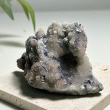Load image into Gallery viewer, Purple Fluorite on Druzy Quartz Cluster — Sparkly Fluorite Cubes on Natural Quartz Base