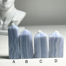 Load image into Gallery viewer, Blue Lace Agate Polished Slab Tower – Natural Banded Chalcedony for Calm, Peace & Throat Chakra Healing