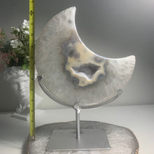 Load image into Gallery viewer, XL Cloud Cream Agate Moon Sculpture — Natural Crystal Slice on Stand