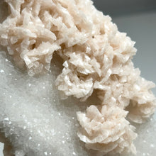 Load image into Gallery viewer, Pearl Pink Dolomite on Sparkling Quartz – Natural Crystal Sculpture | Rosette Dolomite Cluster | Soft Pink Mineral Display | Home Décor Crystal