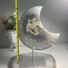 Load image into Gallery viewer, XL Brazilian Agate Moon on Stand | Cream & Grey Druzy Crystal Decor | Large Agate Slice Sculpture | Luxury Home Styling Piece
