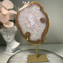 Load image into Gallery viewer, Rare - Agate slice in stand with nice pink druzy pattern in center
