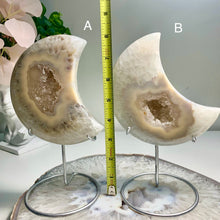 Load image into Gallery viewer, High quality - medium size druzy agate moon with nice banding from Brazil ( free stand)