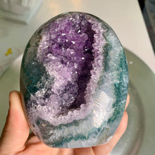 Load image into Gallery viewer, Rare found - druzy amethyst agate tower with moss agate on skin / rainbow amethyst tower