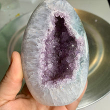 Load image into Gallery viewer, Rare - druzy amethyst agate tower with fire quartz and moss agate on skin / rainbow amethyst freeform