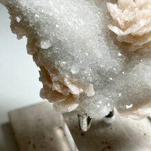 Load image into Gallery viewer, Pearl Pink Dolomite on Sparkling Quartz – Natural Crystal Sculpture | Rosette Dolomite Cluster | Soft Pink Mineral Display | Home Décor Crystal