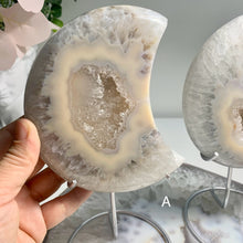 Load image into Gallery viewer, High quality - medium size druzy agate moon with nice banding from Brazil ( free stand)