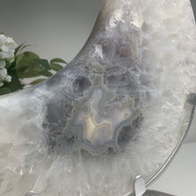 Load image into Gallery viewer, XL Cloud Cream Agate Moon Sculpture — Natural Crystal Slice on Stand