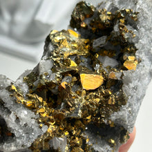Load image into Gallery viewer, Golden Pyrite on Quartz Matrix — Natural Crystal Cluster for Home Decor and Mineral Collection