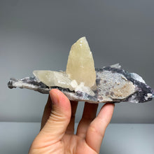 Load image into Gallery viewer, Self - stand Dogtooth calcite with fluorite on matrix