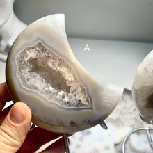 Load image into Gallery viewer, High quality - druzy agate moon with nice banding from Brazil ( free stand)