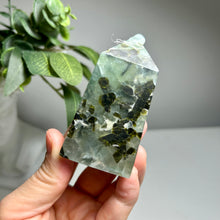 Load image into Gallery viewer, Prehnite crystal tower featuring Epidote inclusions