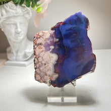 Load image into Gallery viewer, Deep Blue Flower Agate Slice from Madagascar — Polished Chalcedony Slab with Bloom Clusters