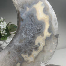 Load image into Gallery viewer, XL Brazilian Agate Moon on Stand | Cream & Grey Druzy Crystal Decor | Large Agate Slice Sculpture | Luxury Home Styling Piece