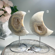 Load image into Gallery viewer, High quality - medium size druzy agate moon with nice banding from Brazil ( free stand)