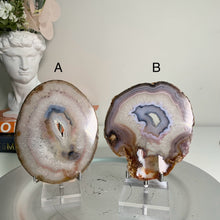 Load image into Gallery viewer, Rare - Hand pick Brazil agate slice with druzy and pink banding / agate slab with druzy