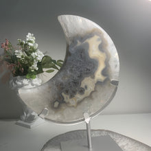 Load image into Gallery viewer, XL Brazilian Agate Moon on Stand | Cream & Grey Druzy Crystal Decor | Large Agate Slice Sculpture | Luxury Home Styling Piece