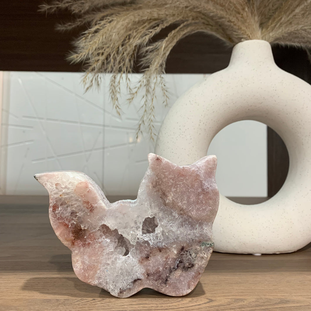 Pink amethyst druzy cat with moss agate on skin