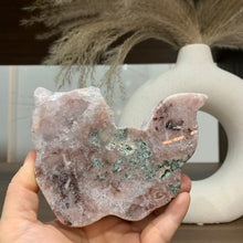 Load image into Gallery viewer, Pink amethyst druzy cat with moss agate on skin
