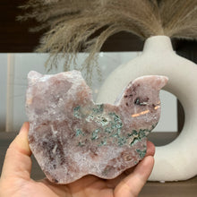Load image into Gallery viewer, Pink amethyst druzy cat with moss agate on skin