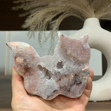 Load image into Gallery viewer, Pink amethyst druzy cat with moss agate on skin
