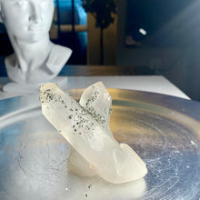 Load image into Gallery viewer, Rare - self stand cross shape pyrite on quartz cluster pyrite with clear quartz cluster 03