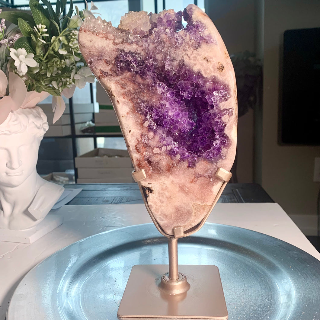 Rare - top quality pink amethyst druzy slab pink druzy amethyst slice with stand