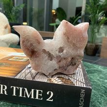 Load image into Gallery viewer, Pink amethyst druzy cat with moss agate on skin