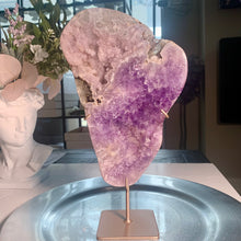 Load image into Gallery viewer, High quality pink amethyst druzy slab pink amethyst slice on stand