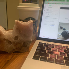 Load image into Gallery viewer, Pink amethyst druzy cat with moss agate on skin