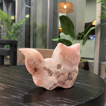 Load image into Gallery viewer, Pink amethyst druzy cat with moss agate on skin
