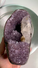 Load and play video in Gallery viewer, Rare - purple amethyst base / rainbow amethyst with calcite / calcite rainbow amethyst cut base