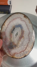 Load and play video in Gallery viewer, Rare - Hand pick Brazil agate slice with druzy and pink banding / agate slab with druzy