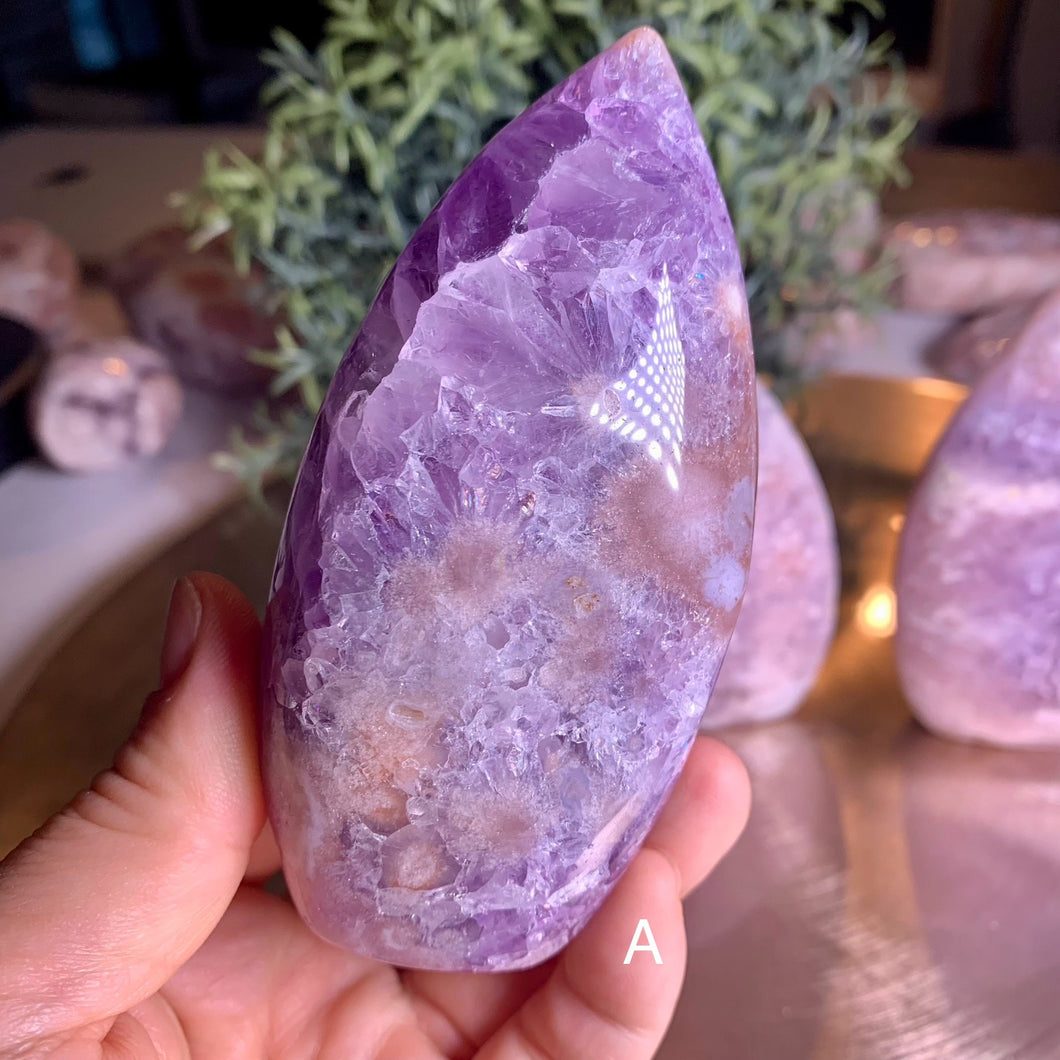 Rare - top quality pink amethyst flames with druzy