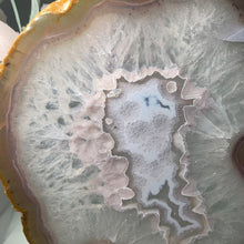 Load image into Gallery viewer, Rare - Agate slice in stand with nice pink druzy pattern in center
