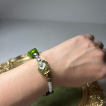 Load image into Gallery viewer, Emerald Echo Bracelet | Handmade Lampwork Glass Bracelet | Mother of Pearl &amp; Czech Glass Jewelry | Artisan Beaded Bracelet | Nature Inspired Gift
