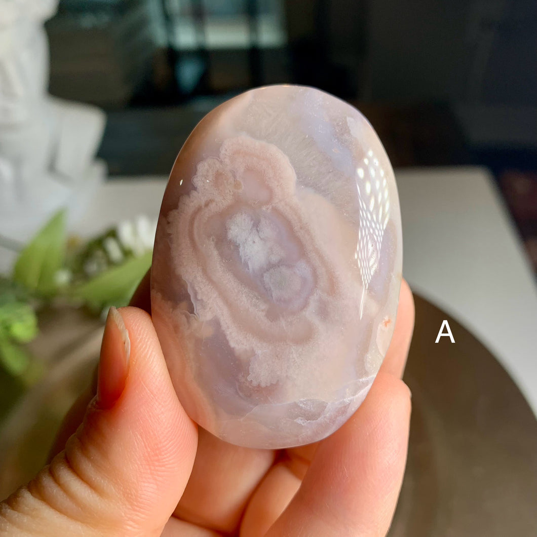 Rare - top quality pink flower agate heart and palm stone