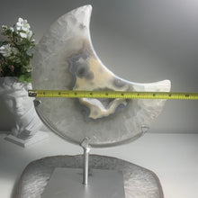 Load image into Gallery viewer, XL Cloud Cream Agate Moon Sculpture — Natural Crystal Slice on Stand
