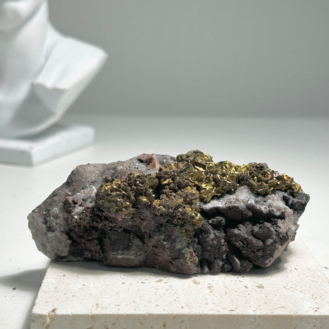 Golden Pyrite Cluster on Quartz and Calcite Matrix – Natural Crystal Specimen for Home Decor and Mineral Collection