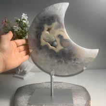 Load image into Gallery viewer, XL Brazilian Agate Moon on Stand | Cream &amp; Grey Druzy Crystal Decor | Large Agate Slice Sculpture | Luxury Home Styling Piece
