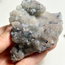 Load image into Gallery viewer, Purple Fluorite on Druzy Quartz Cluster — Sparkly Fluorite Cubes on Natural Quartz Base
