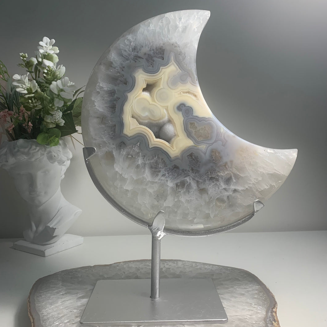 XL Brazilian Agate Moon on Stand | Cream & Grey Druzy Crystal Decor | Large Agate Slice Sculpture | Luxury Home Styling Piece