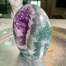 Load image into Gallery viewer, Rare found - druzy amethyst agate tower with moss agate on skin / rainbow amethyst tower
