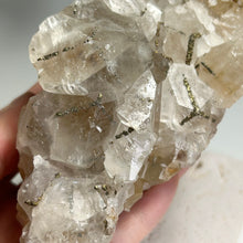 Load image into Gallery viewer, Benz Calcite with Pyrite | Golden Pyrite Inclusions | Daye Mine China | Natural Calcite Crystal Specimen | Mineral Display
