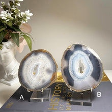 Load image into Gallery viewer, Top Quality Brazilian Agate Slice – Natural Banding, Crystal Center &amp; Soft Pastel Tones
