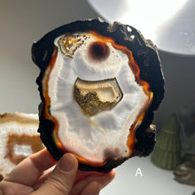Load image into Gallery viewer, Top Quality Brazilian Agate Slice – Natural Banding, Warm Earth Tones &amp; Crystal Center
