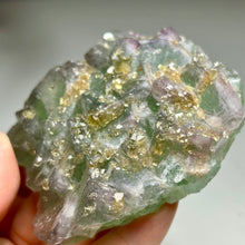 Load image into Gallery viewer, Golden Barite on green &amp; purple fluorite | Jiangxi Province, China

