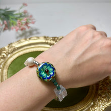 Load image into Gallery viewer, Blue Flower Lampwork Bracelet | Czech Glass &amp; Pearl Bracelet | Artisan Handmade Jewelry
